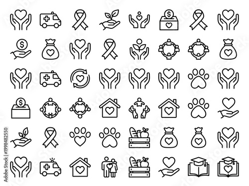 Charity and Donation Line Icons Set - Vector Symbols for Philanthropy, Community Support, Non-profit Organizations, Healthcare, Education, and Volunteer Work