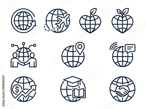 Global Connection and Business Concept Line Icons Set featuring Travel, Ecology, Education, and Partnership Symbols