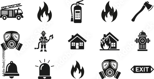 Fire safety and firefighting equipment icon set featuring emergency response symbols like fire truck extinguisher hydrant and firefighter vector style