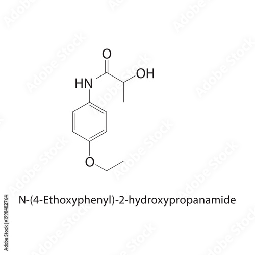 N-(4-Ethoxyphenyl)-2-hydroxypropanamide skeletal structure. amide compound schematic illustration. Simple diagram, chemical formula.