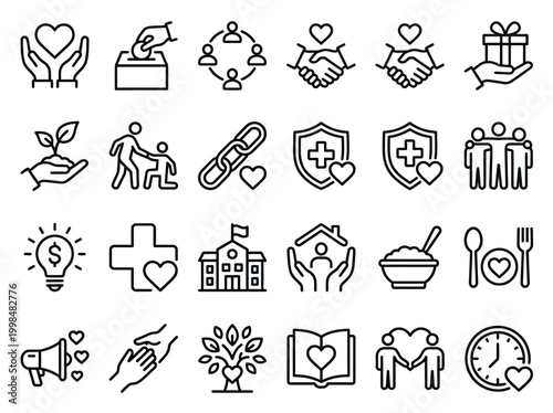Charity and Donation Icon Set: Non-profit, Volunteering, Community Support, and Philanthropy Line Symbols for Social Care and Global Humanitarian Aid