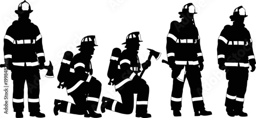 Professional firefighter silhouettes collection featuring emergency responders in protective gear with axes and helmets for rescue service vector design