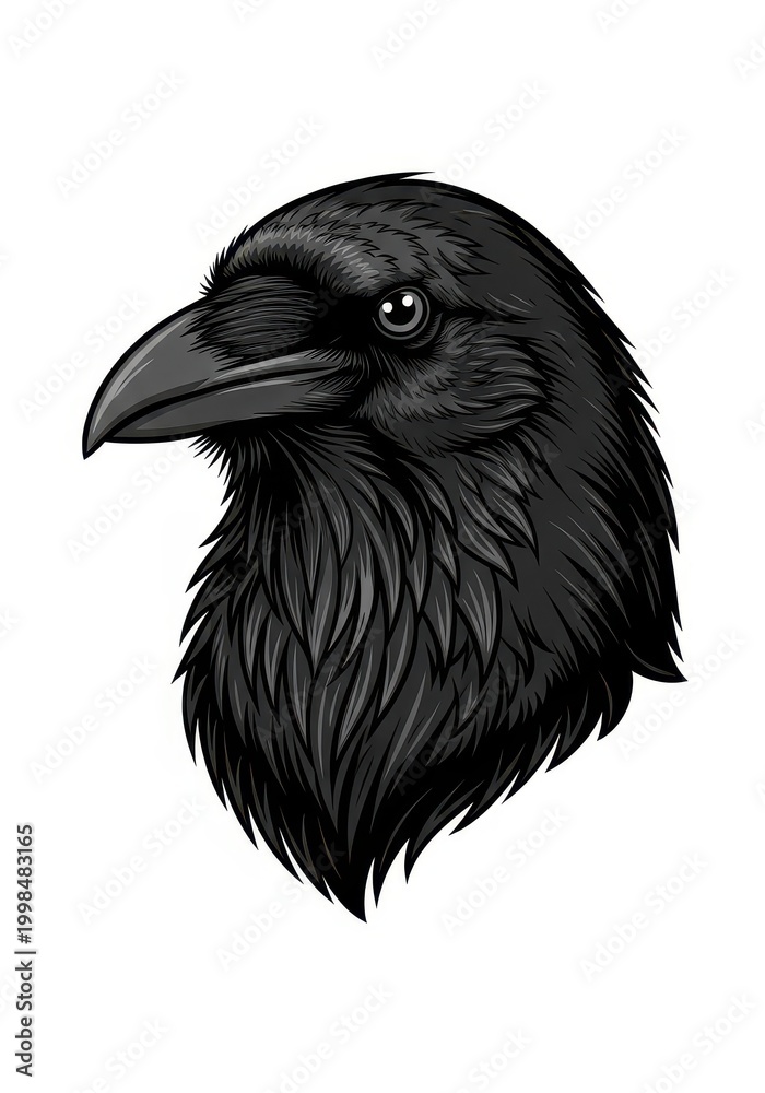 Fototapeta premium Raven head is illustrated with sharp detail and a dark aesthetic.