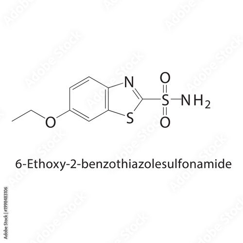 6-Ethoxy-2-benzothiazolesulfonamide skeletal structure. sulfonamide compound schematic illustration. Simple diagram, chemical formula.
