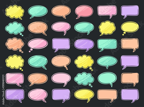 Set of Pastel Hand-Drawn Speech and Thought Bubbles - Colorful Comic Style Communication Design Elements