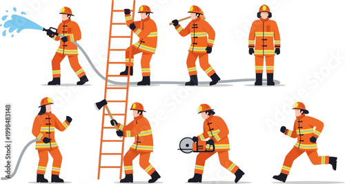 Professional firefighter vector illustration set featuring rescue workers in orange uniforms using ladders hoses axes and power saws