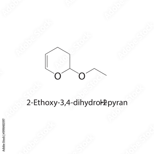 2-Ethoxy-3,4-dihydro-2H-pyran skeletal structure. ether compound schematic illustration. Simple diagram, chemical formula.