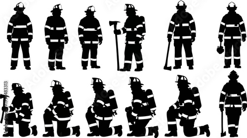 Set of black firefighter silhouettes in various professional poses including standing and kneeling with rescue equipment and axes on white