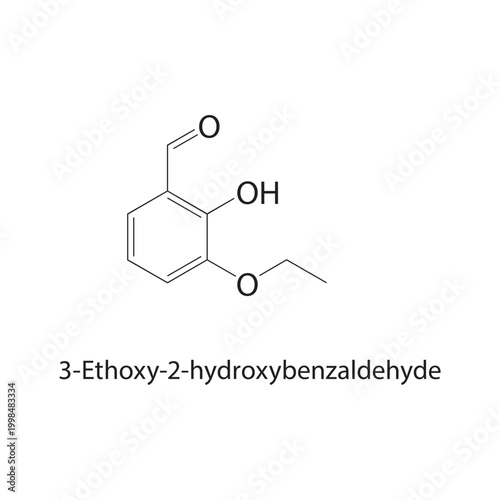 3-Ethoxy-2-hydroxybenzaldehyde skeletal structure. aldehyde compound schematic illustration. Simple diagram, chemical formula.