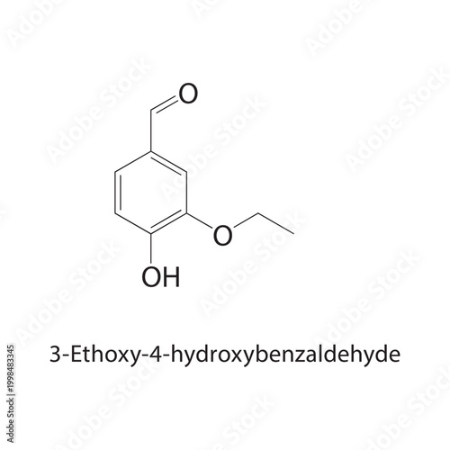 3-Ethoxy-4-hydroxybenzaldehyde skeletal structure. aldehyde compound schematic illustration. Simple diagram, chemical formula.