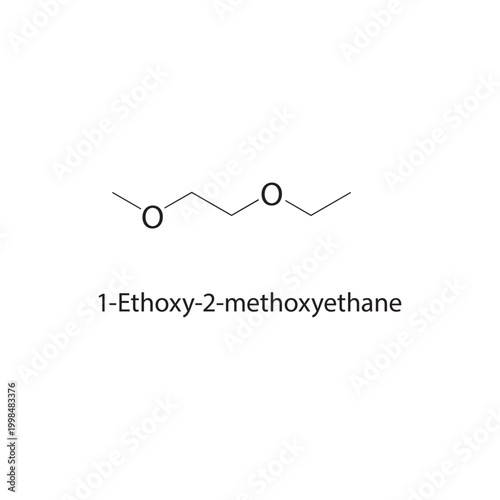 1-Ethoxy-2-methoxyethane skeletal structure. ether compound schematic illustration. Simple diagram, chemical formula.