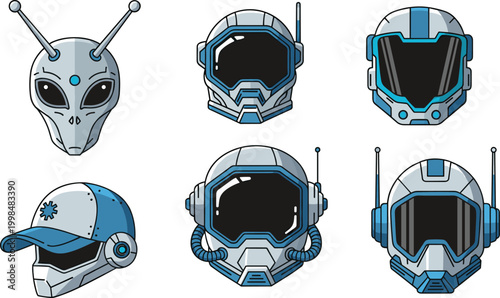 Futuristic Sci-Fi Helmet and Alien Vector Set with Astronaut, Space Pilot, and Extraterrestrial Designs for Digital Illustrations, Games, Technology Concepts, and Space-Themed Artwork