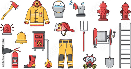 Comprehensive vector illustration set of firefighting equipment including protective gear tools and emergency rescue icons for safety design