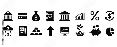 Black icons of finance and banking on white background for business concepts