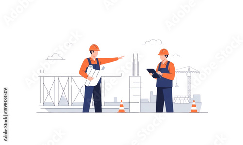 Two construction workers in orange hard hats and blue overalls discuss a project on a clipboard at a building site at night