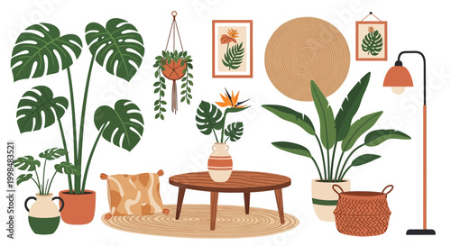 Bohemian home decor illustration with houseplants and furniture