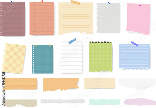 Set of torn paper scraps isolated on white background, realistic pieces of ripped paper, blank pages.