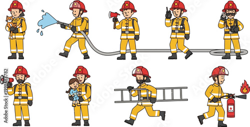 Professional firefighter vector illustration set featuring emergency responders performing rescue operations saving people and pets with fire safety equipment.