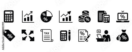Black and white icons of finance and business concepts with percentage signs