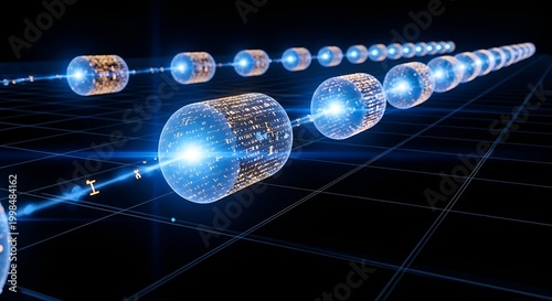 Pulsing Data Packets Moving Through Crystalline Digital Grid Interface