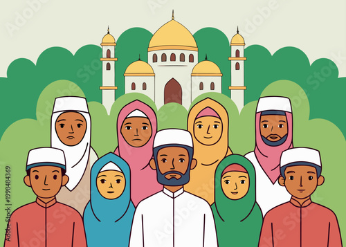 A group of nine Muslim men and women wearing traditional attire stand together in front of a white mosque with golden domes and green foliage.