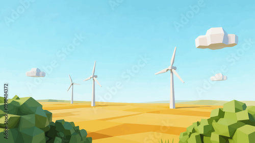 Low poly wind turbines in field