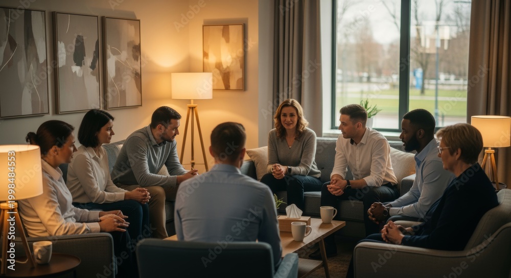 Fototapeta premium Group therapy session with people discussing in a comfortable room