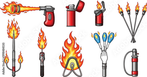Set of Fire and Flame Tools Vector Illustration with Torches, Lighters, Fire Sticks, Flamethrowers, Pyrotechnics, and Outdoor Performance Equipment Designs