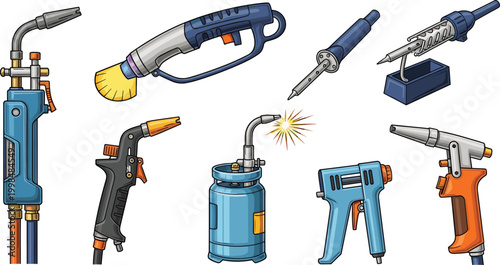 Set of Professional Welding, Soldering, and Heat Tools Vector Illustration with Blow Torches, Soldering Irons, Hot Air Guns, and Industrial Workshop Equipment Designs