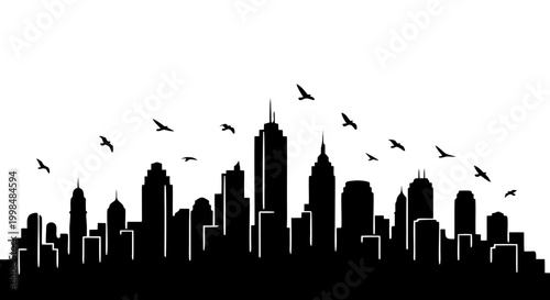Black silhouette vector illustration of a modern urban city skyline featuring downtown skyscrapers and iconic architectural buildings against a panoramic night sky