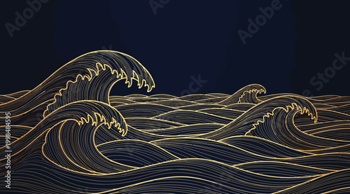 Abstract japanese style ocean waves background, golden line art on dark blue background