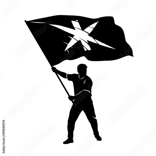 Revolutionary protester, activist waving flag, black silhouette, white background, demonstration symbol isolated on White Background vector eps silhouette