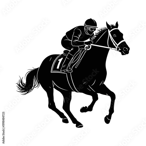 Racing horse, jockey riding, black silhouette, sports icon, equestrian vector isolated on White Background vector eps silhouette