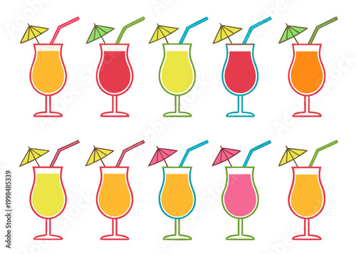 Ten hurricane cocktail glasses filled with various colored liquids and topped with small umbrellas and straws are lined up in two rows on white.