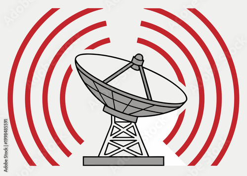 A large grey satellite dish antenna on a metal lattice tower transmits radio signals represented by concentric red arcs against a solid light grey background.