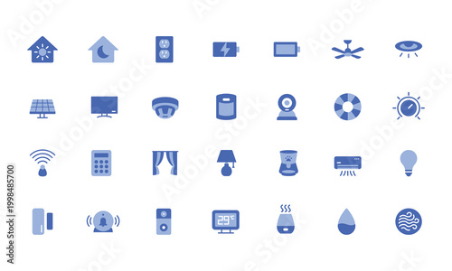 Set of Flat Modern Blue Icons Representing Smart Home Technology and Devices