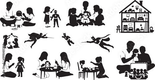 Silhouettes of diverse daily life activities and a house with a family scene people home