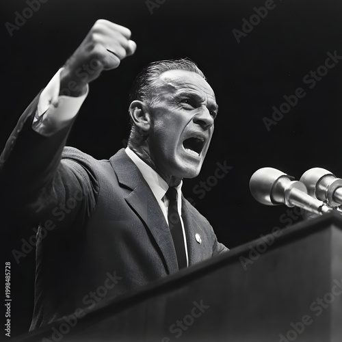 Political businessman in a suit giving a confident and energetic speech on a podium with microphones