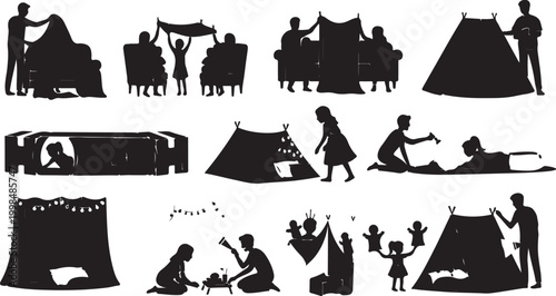 Silhouettes of diverse human activities and interactions in black and white human figures