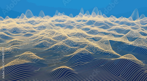 Abstract digital landscape with wireframe topography and glowing golden peaks on a blue background