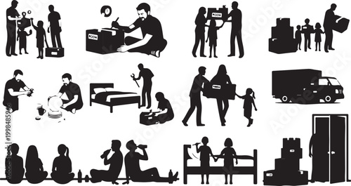 Silhouettes of diverse people performing various daily activities and tasks in black and white