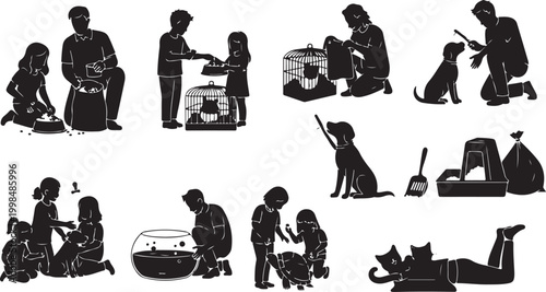 Silhouettes of people and animals in various activities against a white background black silhouettes