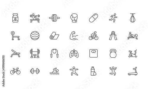 Collection of Thin Line Icons Representing Diverse Fitness and Health Activities and Equipment