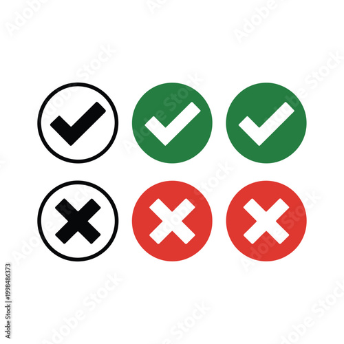 Circle icons with check marks and cross symbols in green red and black colors for web interface validation on transparent background.