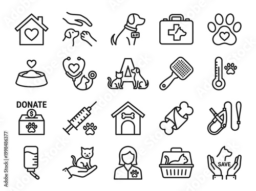 Pet Care and Veterinary Line Icon Set - Animal Health, Adoption, and Rescue Symbols