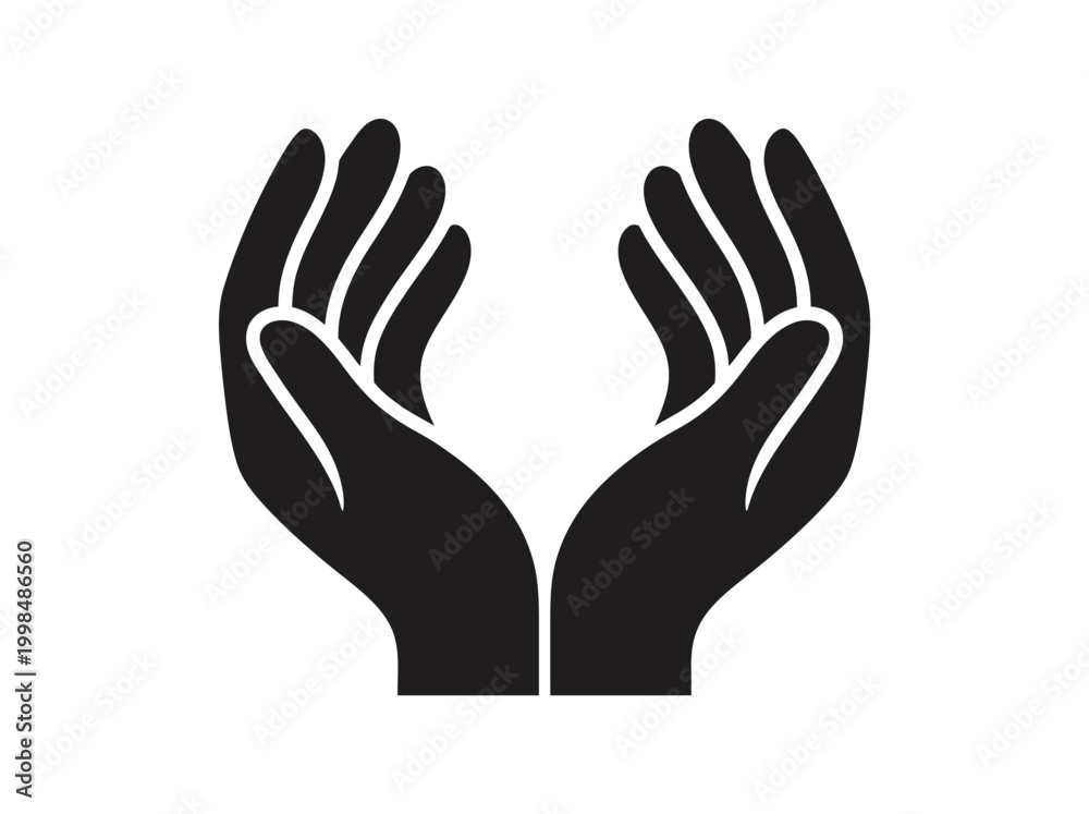 Fototapeta premium Cupped Hands Silhouette Icon, Black Human Hands Symbolizing Care, Protection, Support and Giving, Vector Illustration Isolated on White Background