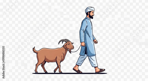 Man in traditional clothing walking a goat on a leash rural life concept isolated on transparent background