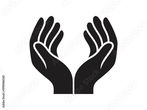 Cupped Hands Silhouette Icon, Black Human Hands Symbolizing Care, Protection, Support and Giving, Vector Illustration Isolated on White Background