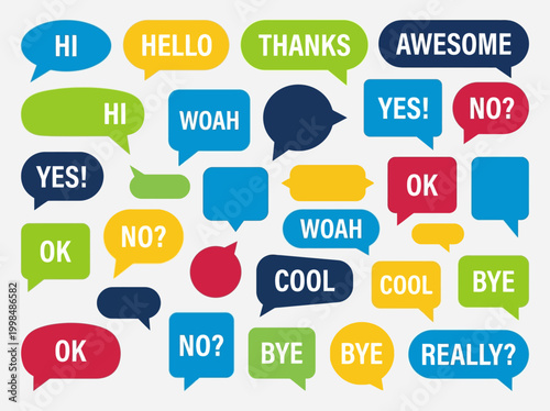 Colorful Speech Bubbles with Text Expressions and Message Icons. Set of Flat Vector Chat Boxes for Social Media and Communication Design.