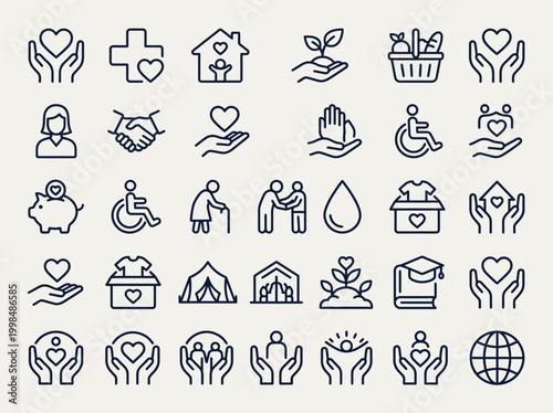 Charity and Donation Line Icon Set: Volunteer, Healthcare, Humanitarian Aid, and Social Support Symbols for Non-Profit Organizations